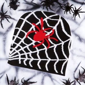 Red Spider and Spider Web Acrylic Knit Beanie Hat